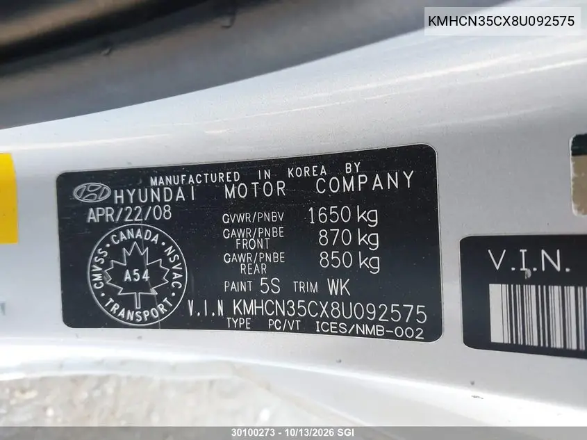 2008 HYUNDAI ACCENT VIN KMHCN35CX8U092575 — фото 9