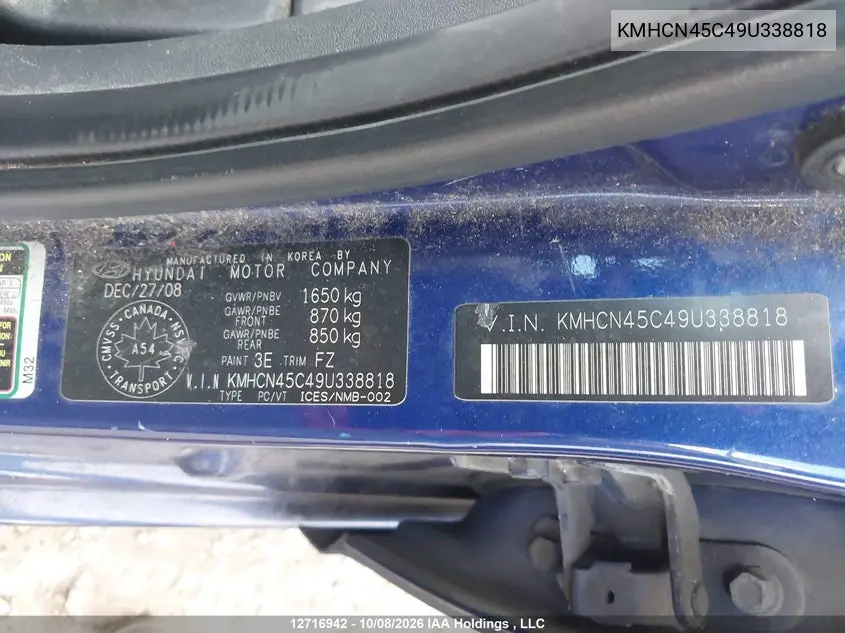 2009 HYUNDAI ACCENT VIN KMHCN45C49U338818 — фото 9