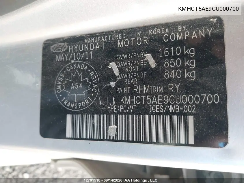 2012 HYUNDAI ACCENT VIN KMHCT5AE9CU000700 — фото 9