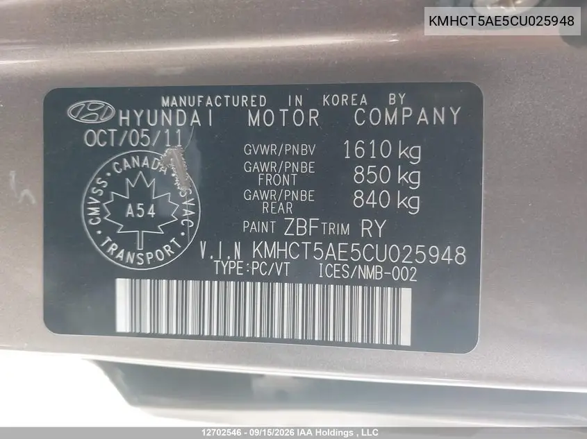 2012 HYUNDAI ACCENT VIN KMHCT5AE5CU025948 — фото 9
