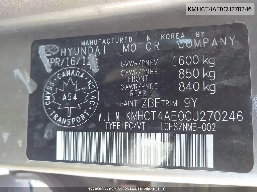2012 HYUNDAI ACCENT VIN KMHCT4AE0CU270246 — фото 18