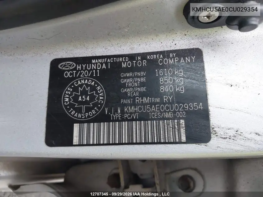2012 HYUNDAI ACCENT VIN KMHCU5AE0CU029354 — фото 9