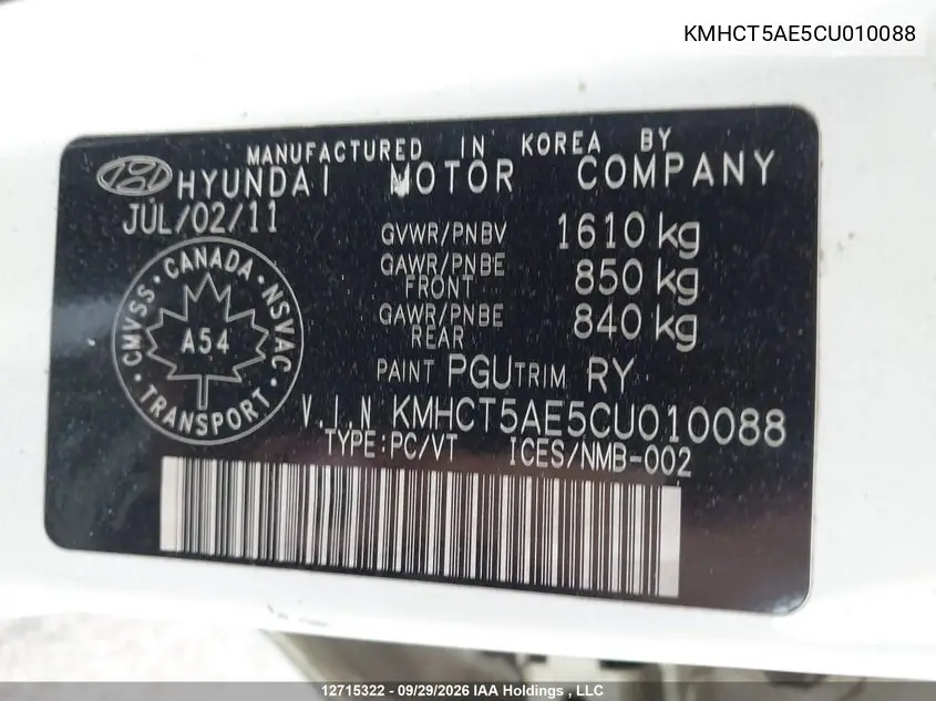2012 HYUNDAI ACCENT VIN KMHCT5AE5CU010088 — фото 9