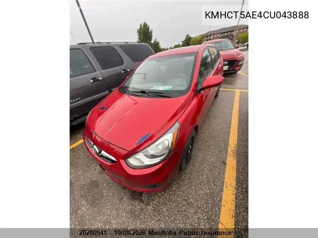 2012 HYUNDAI ACCENT VIN KMHCT5AE4CU043888 — фото 2