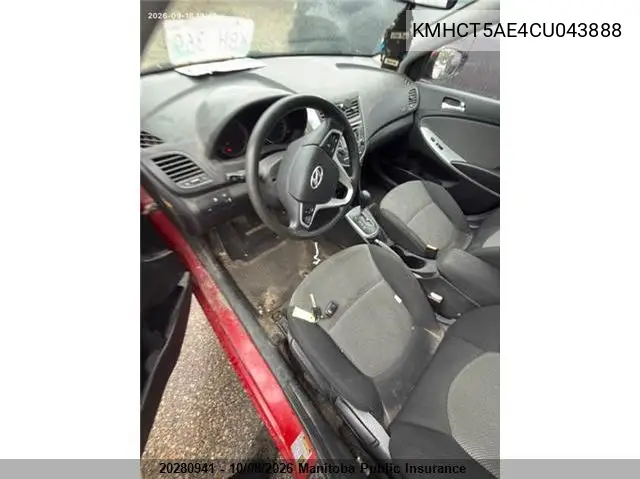 2012 HYUNDAI ACCENT VIN KMHCT5AE4CU043888 — фото 5
