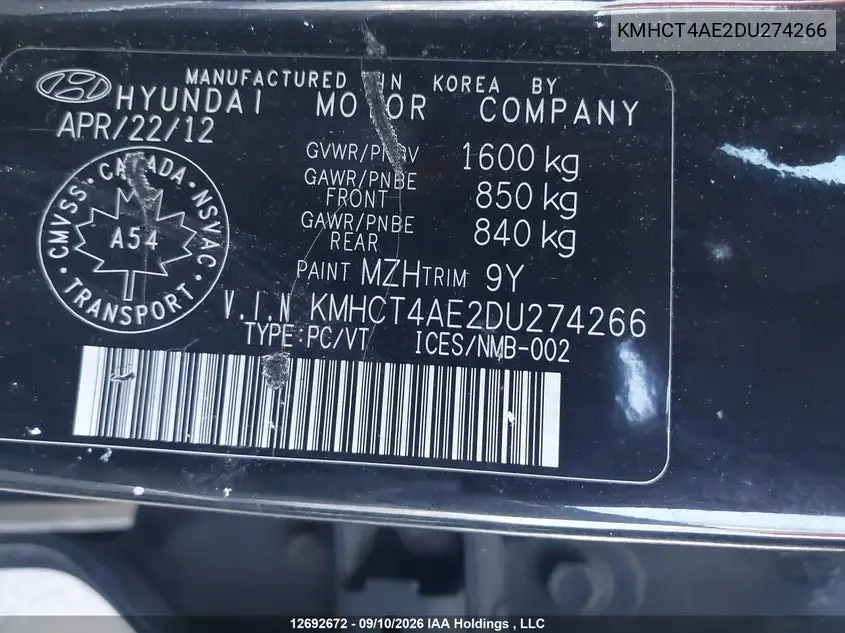 2013 HYUNDAI ACCENT VIN KMHCT4AE2DU274266 — фото 19
