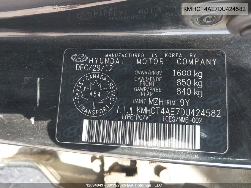 2013 HYUNDAI ACCENT VIN KMHCT4AE7DU424582 — фото 9