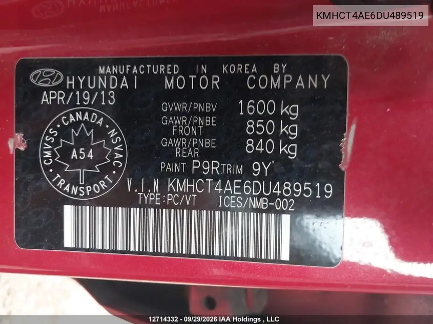 2013 HYUNDAI ACCENT VIN KMHCT4AE6DU489519 — фото 9