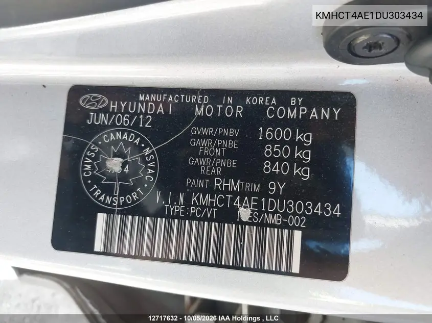 2013 HYUNDAI ACCENT VIN KMHCT4AE1DU303434 — фото 9