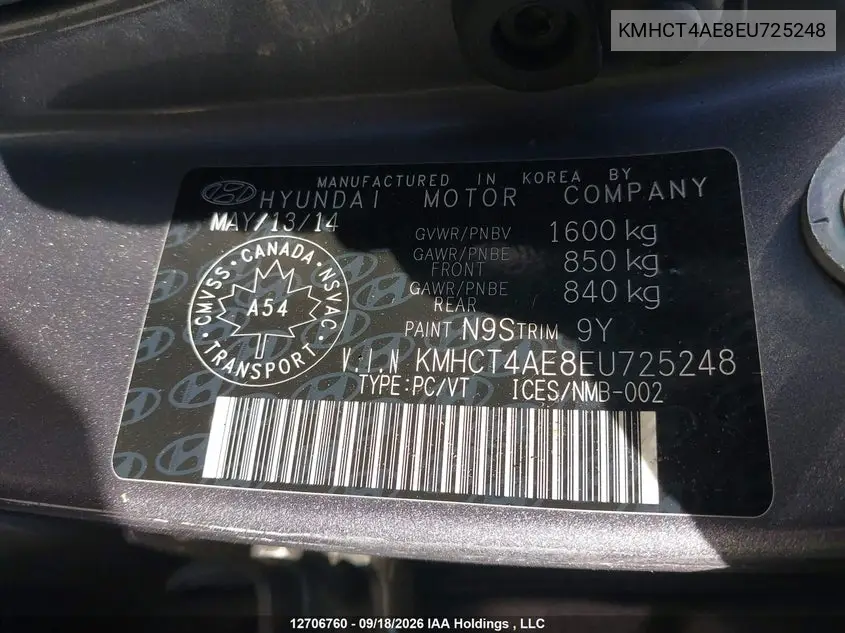 2014 HYUNDAI ACCENT VIN KMHCT4AE8EU725248 — фото 9