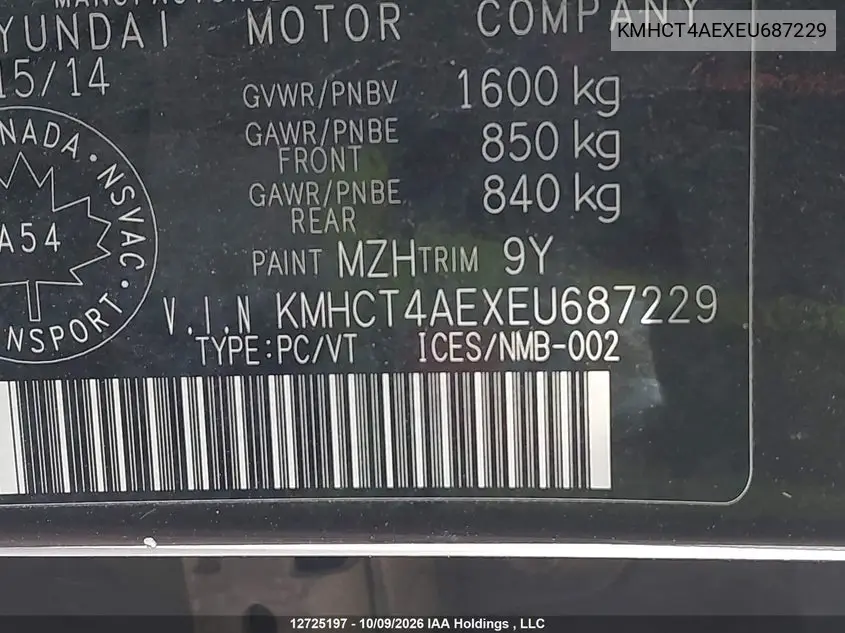 2014 HYUNDAI ACCENT VIN KMHCT4AEXEU687229 — фото 9