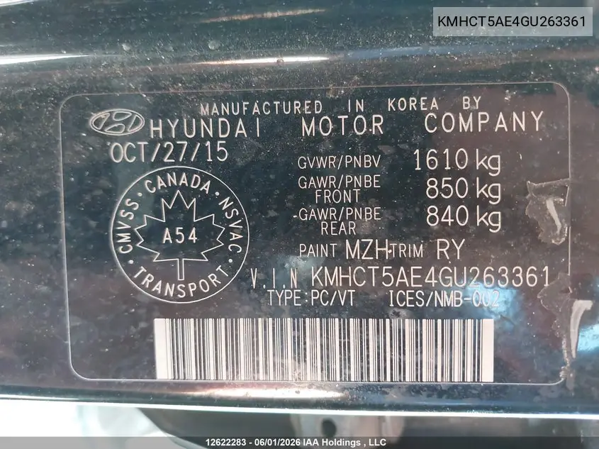 2016 HYUNDAI ACCENT VIN KMHCT5AE4GU263361 — фото 9