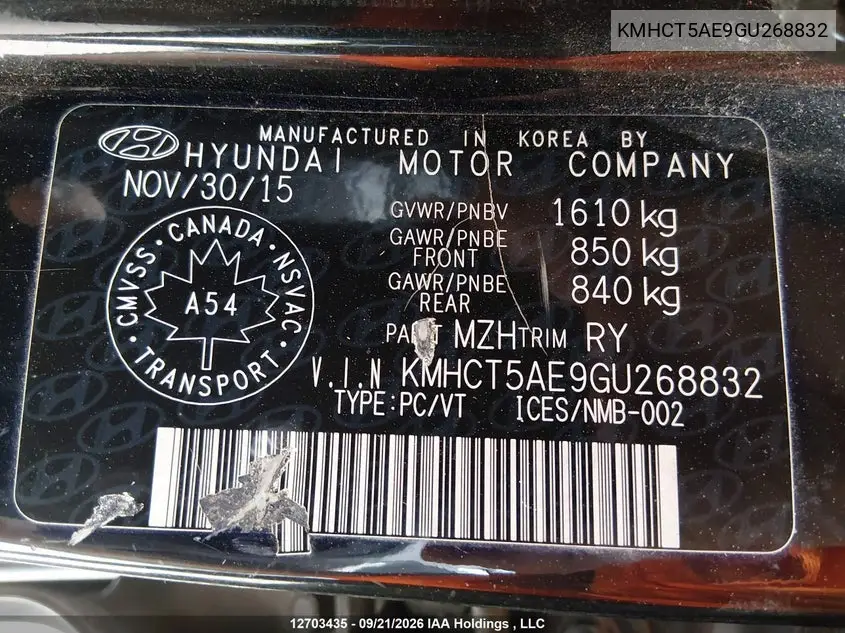 2016 HYUNDAI ACCENT VIN KMHCT5AE9GU268832 — фото 9