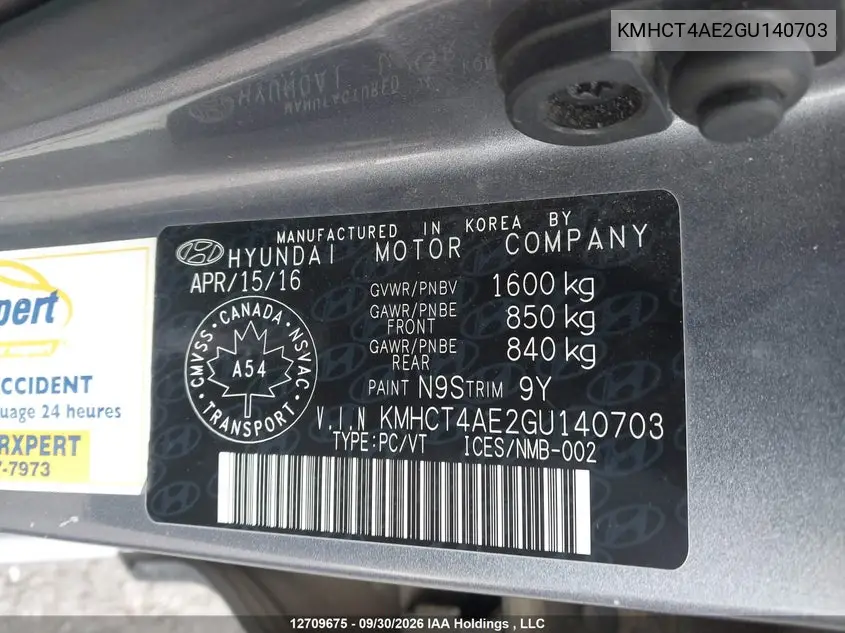 2016 HYUNDAI ACCENT VIN KMHCT4AE2GU140703 — фото 19