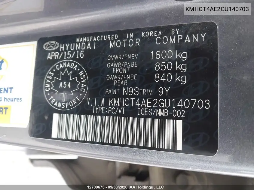 2016 HYUNDAI ACCENT VIN KMHCT4AE2GU140703 — фото 9