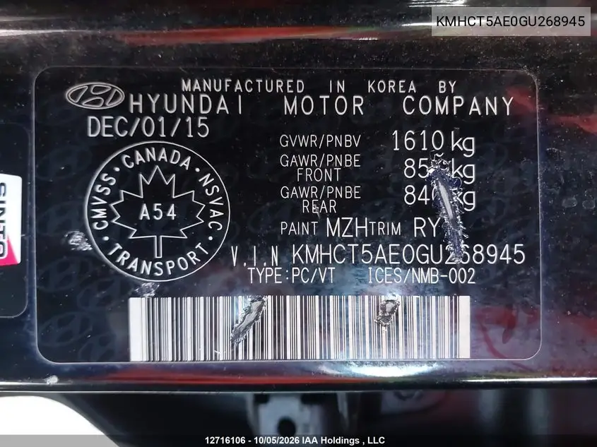 2016 HYUNDAI ACCENT VIN KMHCT5AE0GU268945 — фото 19