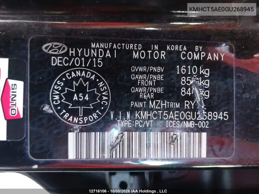 2016 HYUNDAI ACCENT VIN KMHCT5AE0GU268945 — фото 9