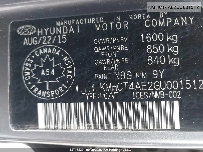 2016 HYUNDAI ACCENT VIN KMHCT4AE2GU001512 — фото 9