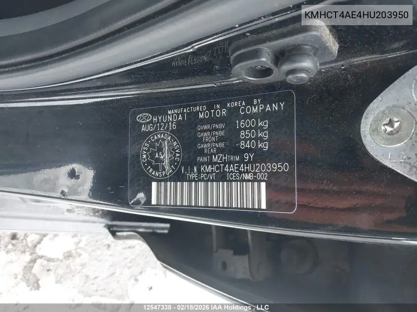 2017 HYUNDAI ACCENT VIN KMHCT4AE4HU203950 — фото 9