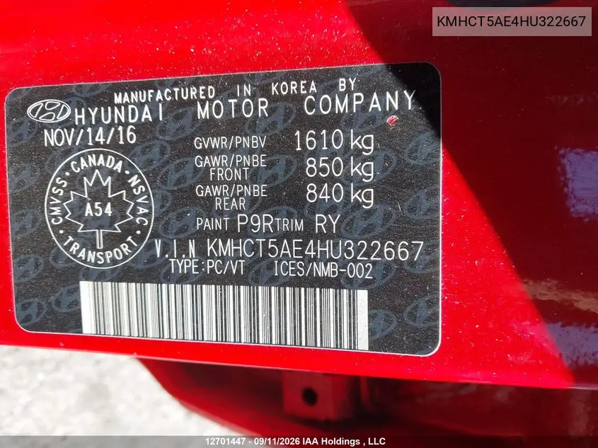 2017 HYUNDAI ACCENT VIN KMHCT5AE4HU322667 — фото 9