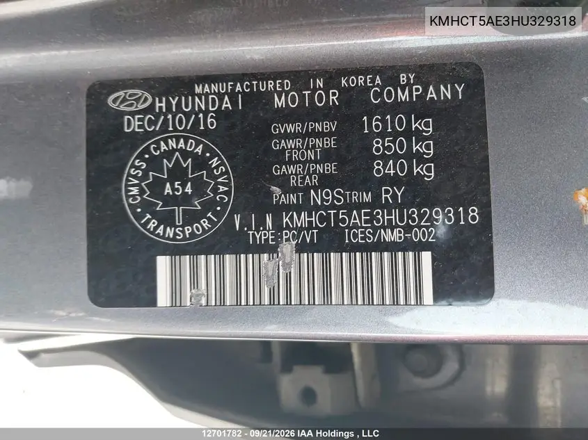 2017 HYUNDAI ACCENT VIN KMHCT5AE3HU329318 — фото 9