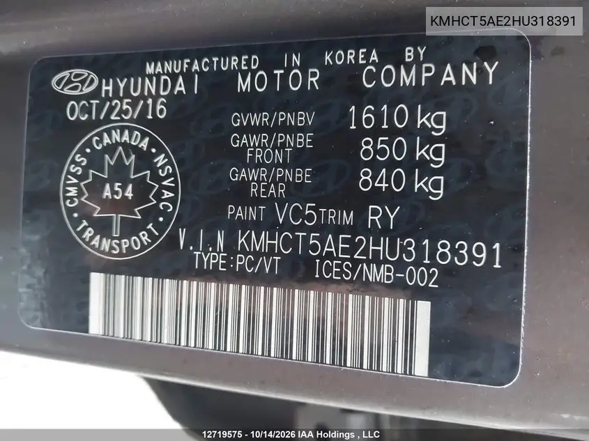 2017 HYUNDAI ACCENT VIN KMHCT5AE2HU318391 — фото 9