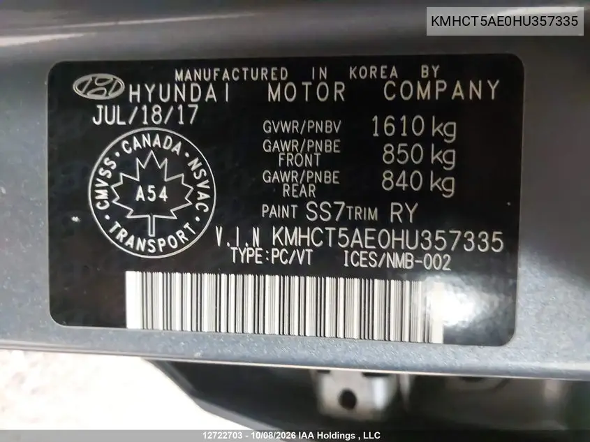 2017 HYUNDAI ACCENT VIN KMHCT5AE0HU357335 — фото 19