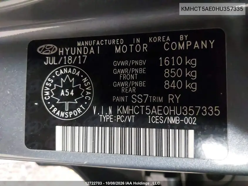 2017 HYUNDAI ACCENT VIN KMHCT5AE0HU357335 — фото 9
