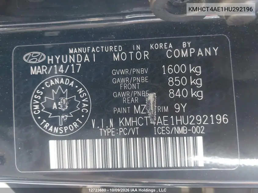 2017 HYUNDAI ACCENT VIN KMHCT4AE1HU292196 — фото 9