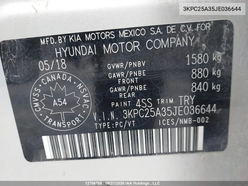 2018 HYUNDAI ACCENT VIN 3KPC25A35JE036644 — фото 9