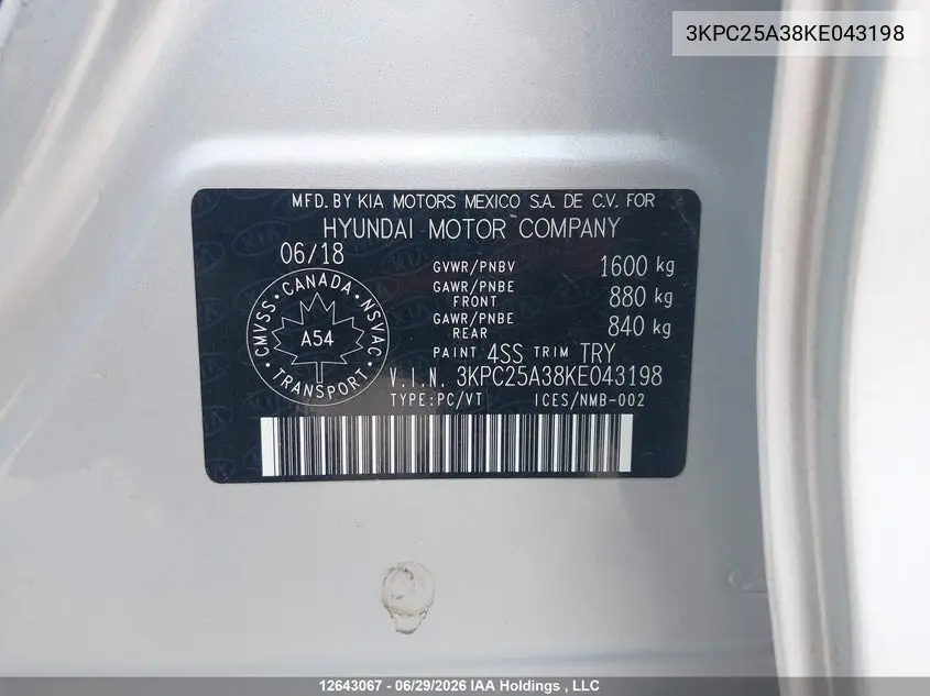 2019 HYUNDAI ACCENT VIN 3KPC25A38KE043198 — фото 9