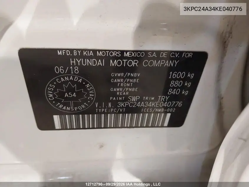 2019 HYUNDAI ACCENT VIN 3KPC24A34KE040776 — фото 9
