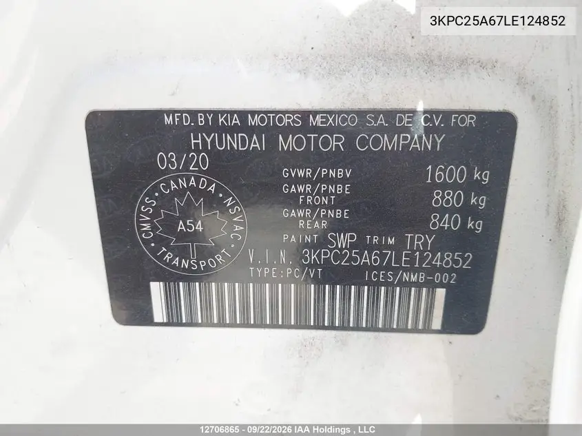 2020 HYUNDAI ACCENT VIN 3KPC25A67LE124852 — фото 9