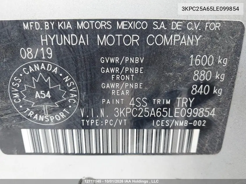 2020 HYUNDAI ACCENT VIN 3KPC25A65LE099854 — фото 9
