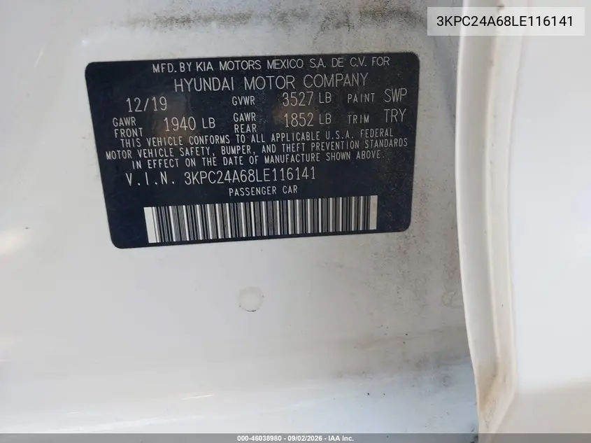2020 HYUNDAI ACCENT VIN 3KPC24A68LE116141 — фото 9