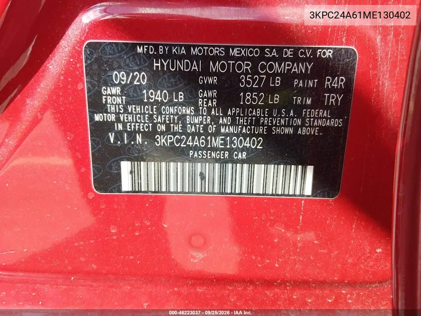 2021 HYUNDAI ACCENT VIN 3KPC24A61ME130402 — фото 9