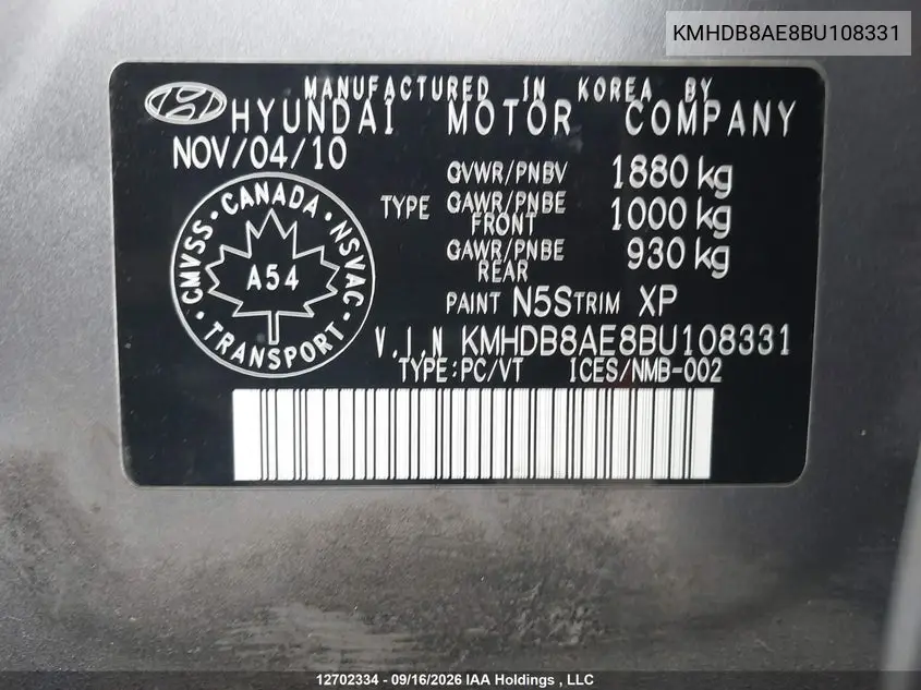 2011 HYUNDAI ELANTRA VIN KMHDB8AE8BU108331 — фото 9