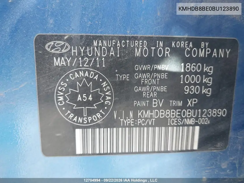 2011 HYUNDAI ELANTRA VIN KMHDB8BE0BU123890 — фото 19