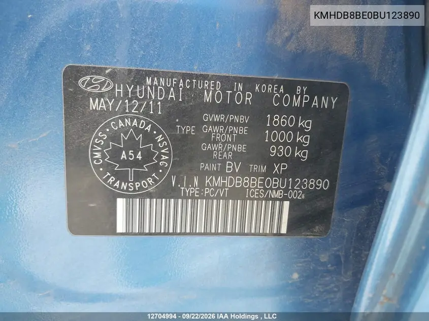 2011 HYUNDAI ELANTRA VIN KMHDB8BE0BU123890 — фото 9