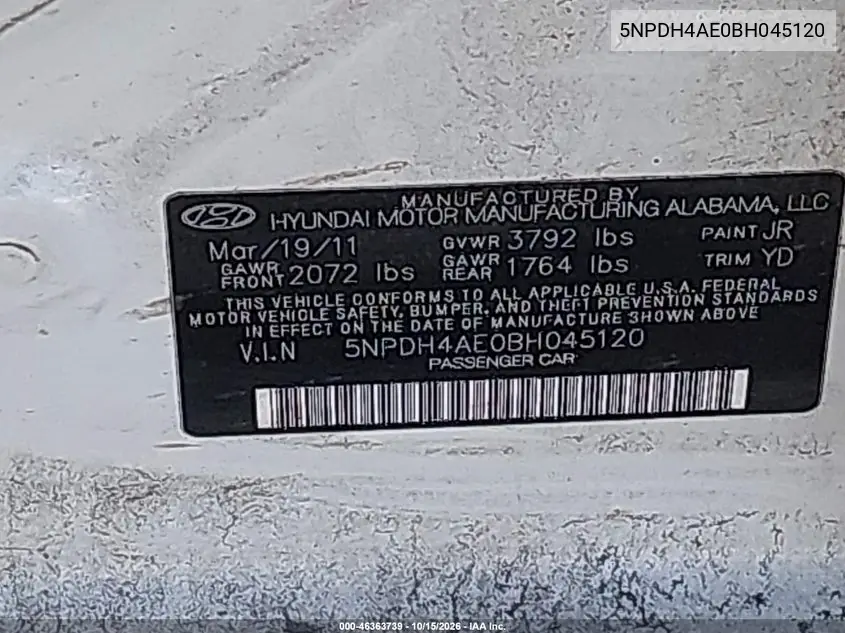 2011 HYUNDAI ELANTRA VIN 5NPDH4AE0BH045120 — фото 9
