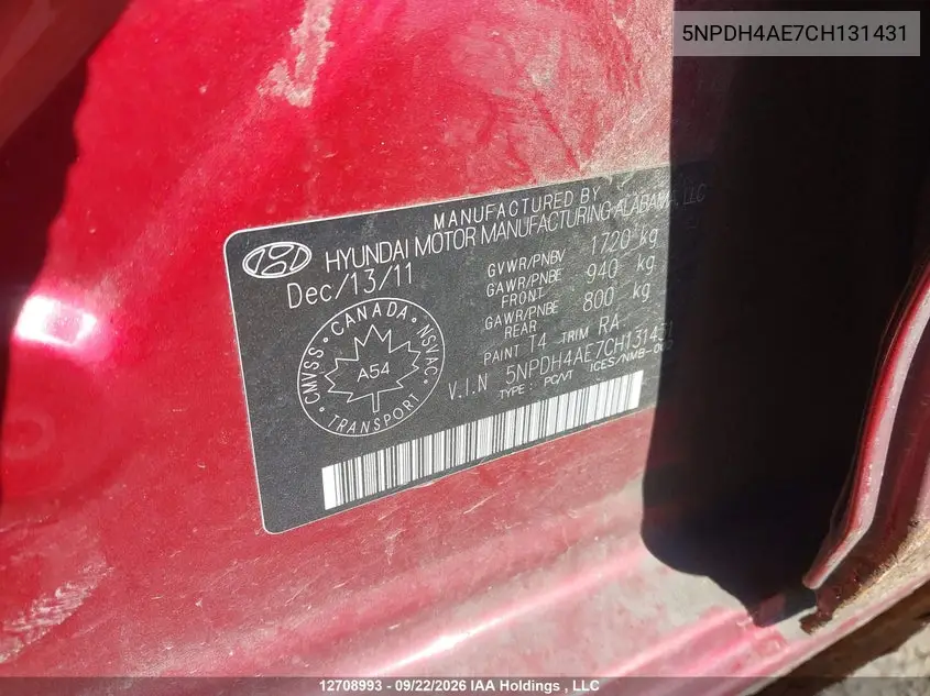 2012 HYUNDAI ELANTRA VIN 5NPDH4AE7CH131431 — фото 9