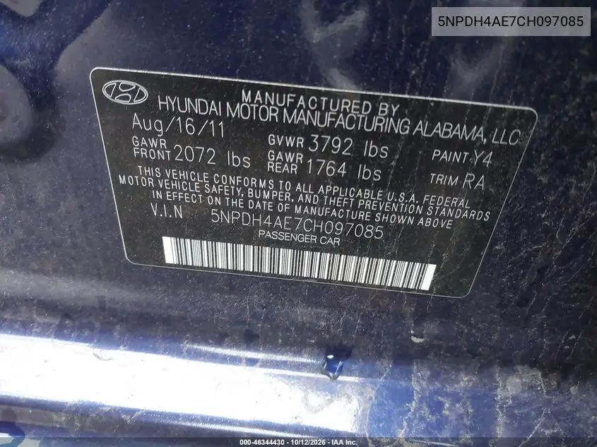 2012 HYUNDAI ELANTRA VIN 5NPDH4AE7CH097085 — фото 9
