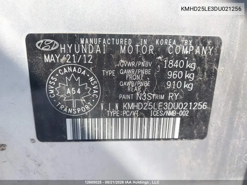 2013 HYUNDAI ELANTRA VIN KMHD25LE3DU021256 — фото 9