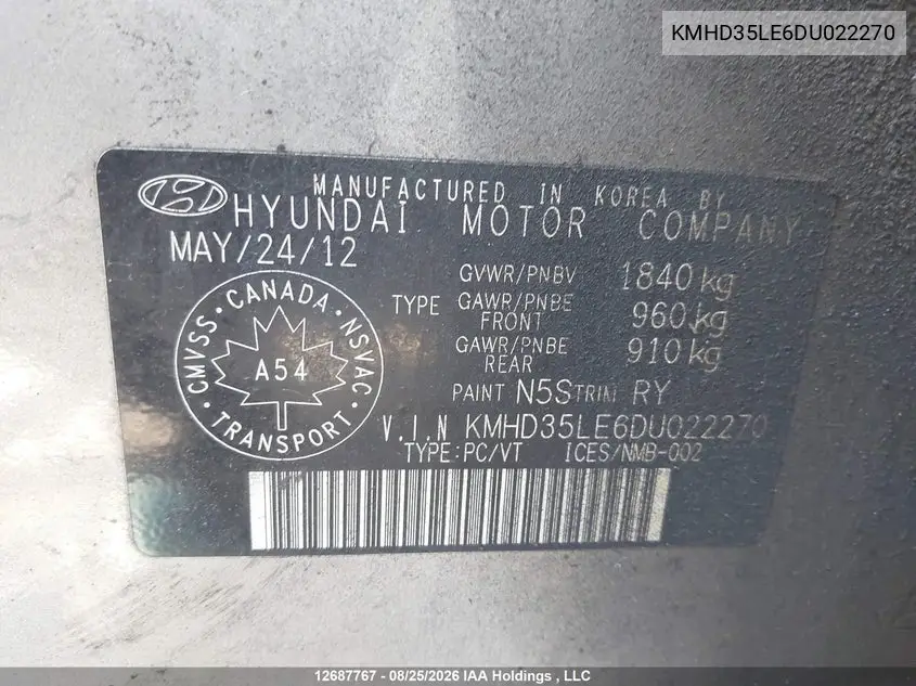 2013 HYUNDAI ELANTRA VIN KMHD35LE6DU022270 — фото 9