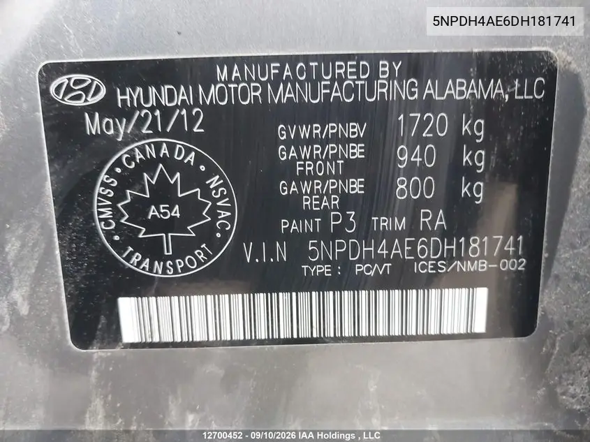 2013 HYUNDAI ELANTRA VIN 5NPDH4AE6DH181741 — фото 9