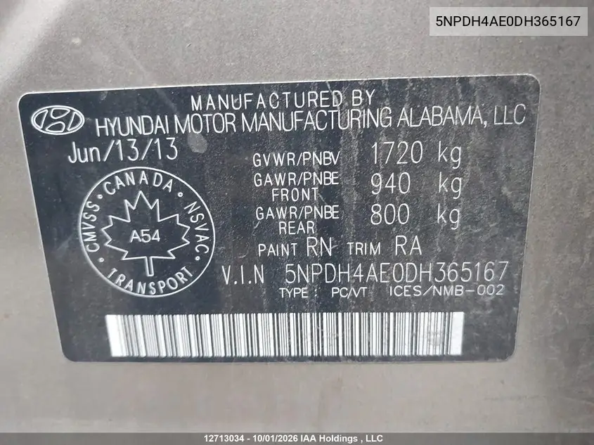 2013 HYUNDAI ELANTRA VIN 5NPDH4AE0DH365167 — фото 9