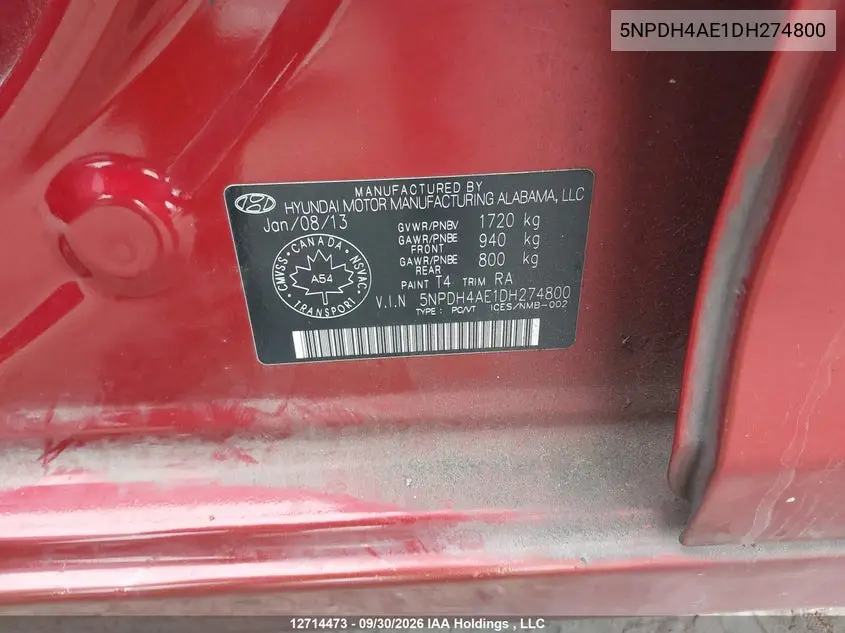 2013 HYUNDAI ELANTRA VIN 5NPDH4AE1DH274800 — фото 9