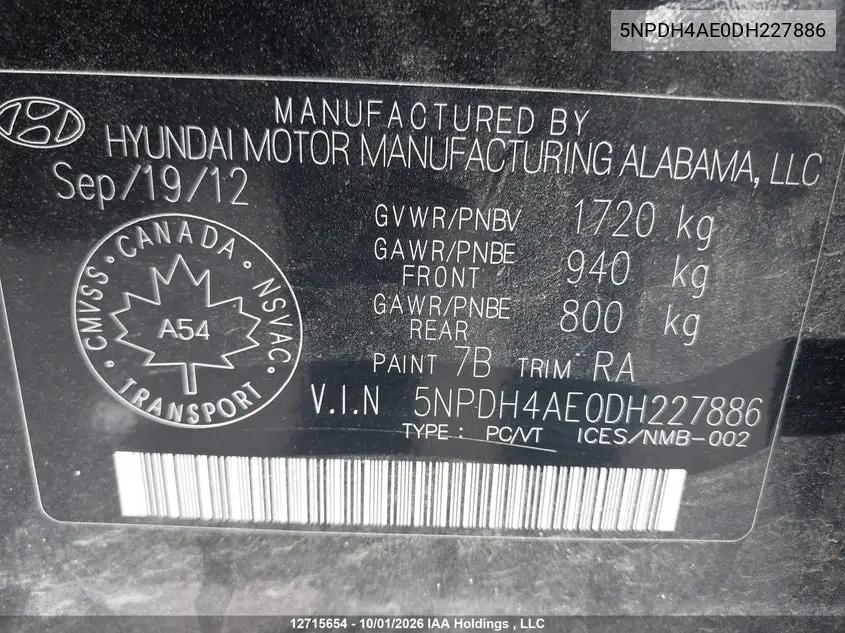 2013 HYUNDAI ELANTRA VIN 5NPDH4AE0DH227886 — фото 19