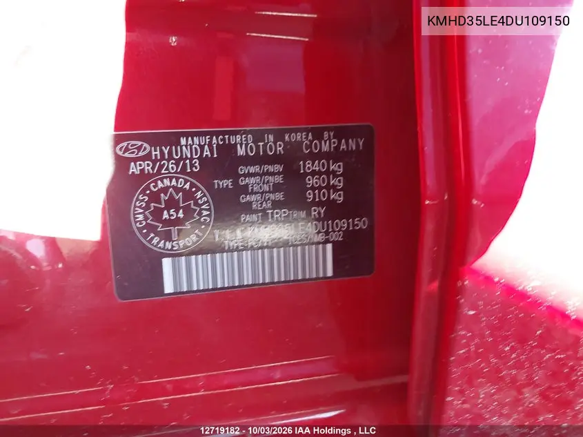 2013 HYUNDAI ELANTRA VIN KMHD35LE4DU109150 — фото 9