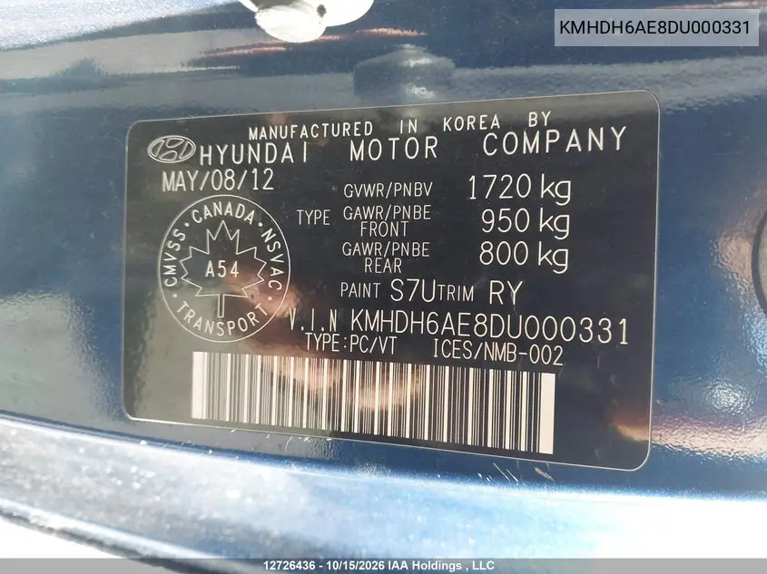 2013 HYUNDAI ELANTRA VIN KMHDH6AE8DU000331 — фото 9